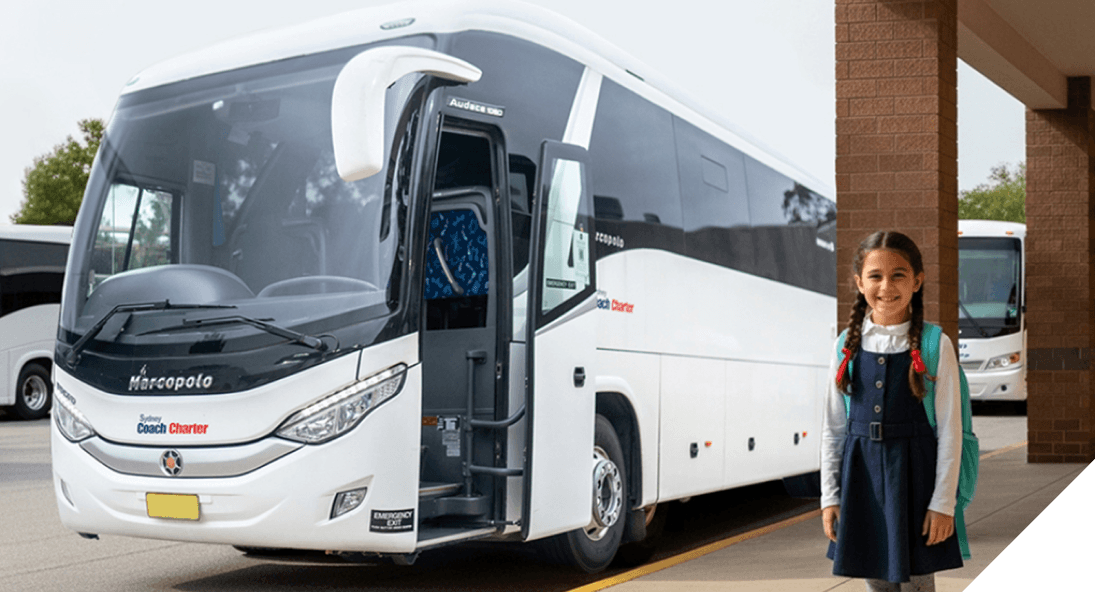 Schoolgirl with a backpack beside a Sydney Coach Charter coach<br><br>